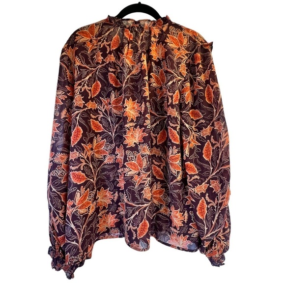 Ricki's Women's Blouse XXL Brown Orange Sheer Ruffle Neck Long Sleeve - Picture 13 of 15